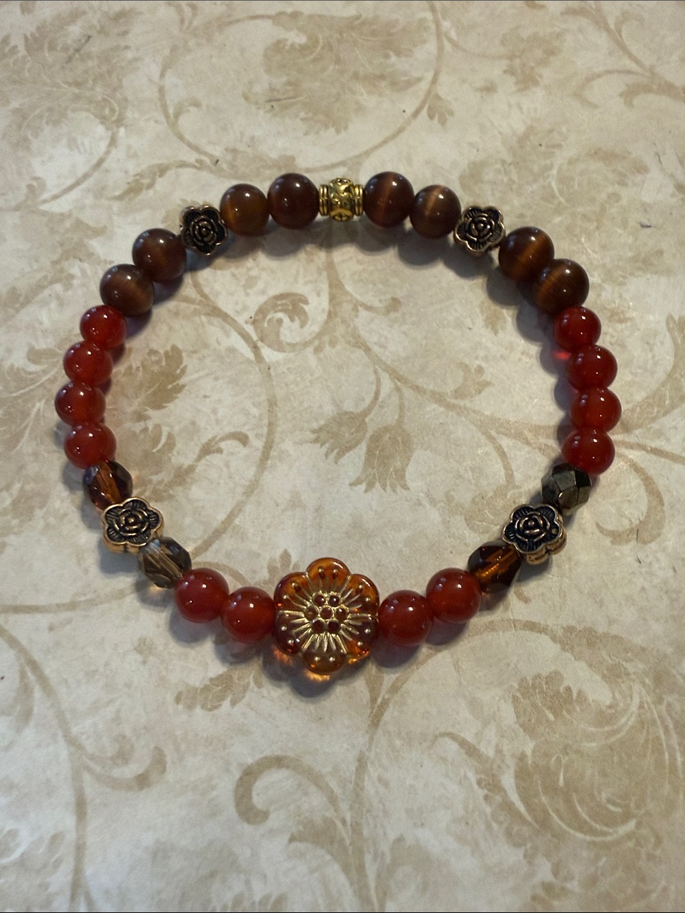 Handcrafted Brown and Red Beaded Floral Bracelet